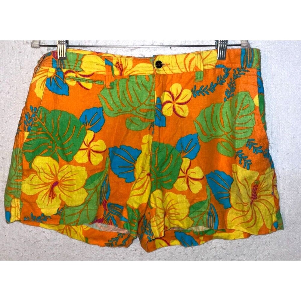 Polo Ralph Lauren Shorts Womens 14 Orange Hawaiian Linen Floral Utility Tropical